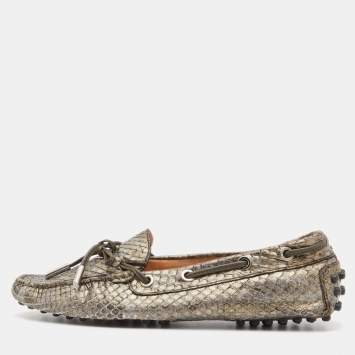 Pre Owned Tod's Metallic Python Bow Slip On Loafers Size 35