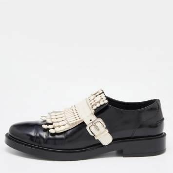 Pre Owned Tod's Black/Cream Leather Fringes Buckle Oxford Size 39