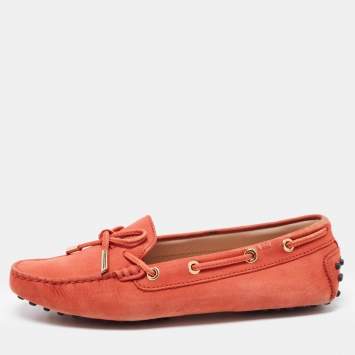 Pre Owned Tod's Orange Nubuck Leather Bow Detail Slip On Loafers Size 37