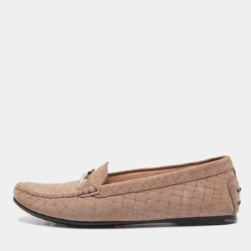 Pre Owned Tod's Light Brown Croc Embossed Nubuck Leather Double T Buckle Loafers Size 39