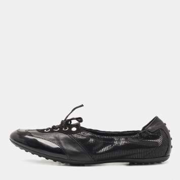 Pre Owned Tod's Black Suede and Leather Lace Up Scrunch Ballet Flats Size 41
