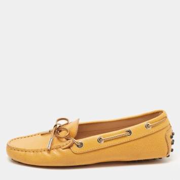 Pre Owned Tod's Yellow Leather Gommino Bow Slip On Loafers Size 36.5