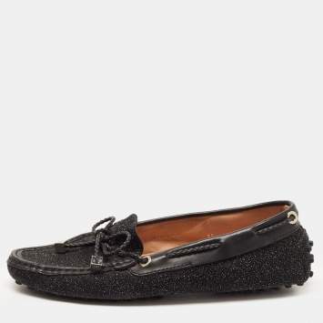 Pre Owned Tod's Black Glitter Suede Slip On Bow Loafers Size 35