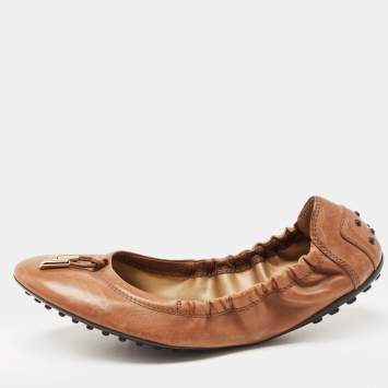 Pre Owned Tod's Brown Leather Bow Scrunch Ballet Flats Size 40