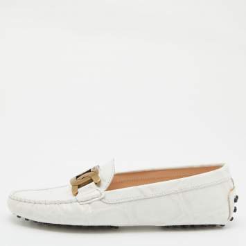 Pre Owned Tod's White Croc Embossed Leather Chain Detail Kate Loafers Size 38.5