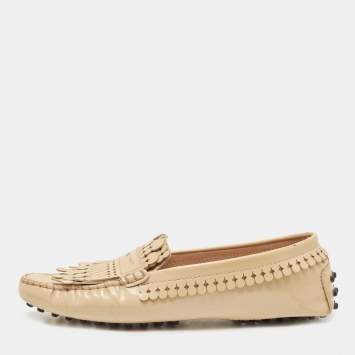 Pre Owned Tod's Beige Patent Leather Laser Cut Fringe Loafers Size 37
