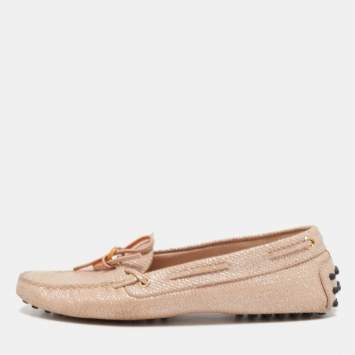 Pre Owned Tod's Pink Leather Bow Detail Slip On Loafers Size 38