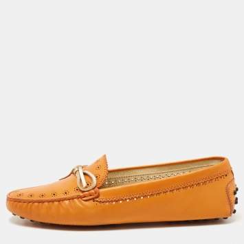 Pre Owned Tod's Orange Perforated Leather Bow Slip On Loafers Size 40.5
