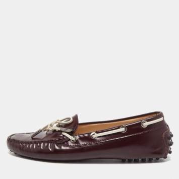 Pre Owned Tod's Burgundy Leather Bow Slip On Loafers Size 36.5