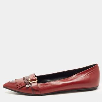 Pre Owned Tod's Burgundy Leather Fringe Ballet Flats Size 39