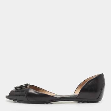Pre Owned Tod's Black Leather Peep Toe D'orsay Flats Size 36