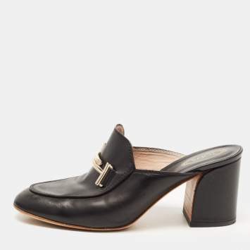 Pre Owned Tod's Black Leather Double T Block Heel Mules Size 37.5