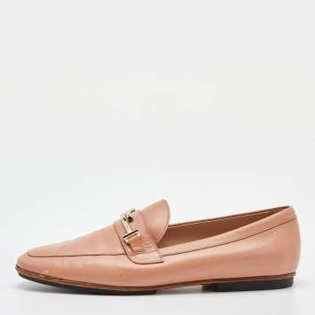 Pre Owned Tod's Peach Leather Double T Slip On Penny Loafers Size 37.5