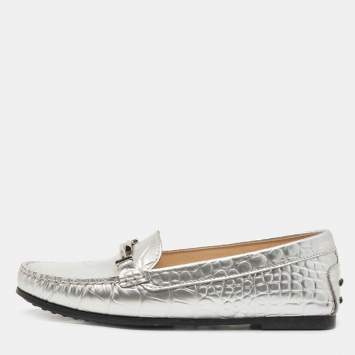 Pre Owned Tod's  Metallic Silver Croc Embossed Leather Double T Driving Loafers Size 37