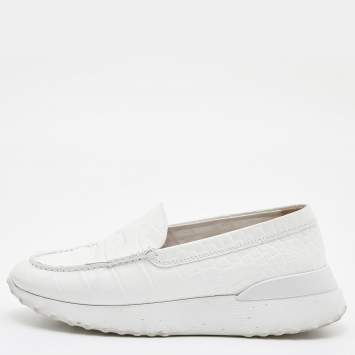 Pre Owned Tod's x Alber Elbaz White Croc Embossed Leather Happy Moments Slip On Sneakers Size 39.5 