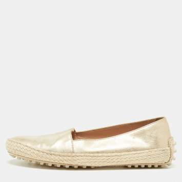 Pre Owned Tod's Metallic Gold Leather Pantofola Espadrille Slip On Sneakers Size 35