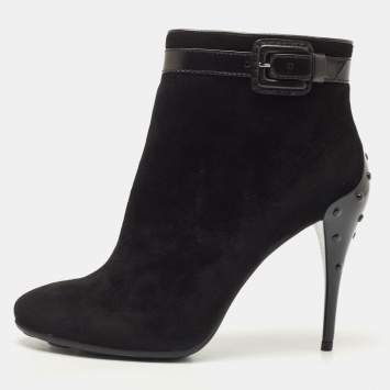 Pre Owned Tod's Black Suede and Leather Buckle Detail Ankle Booties Size 37.5