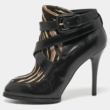 Pre Owned Tod's Black/Brown  Leather and Zebra Print Calf Hair Ankle Boots Size 36