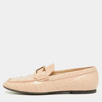 Pre Owned Tod's Pink Croc Embossed Leather T-Logo Slip On Loafers Size 37
