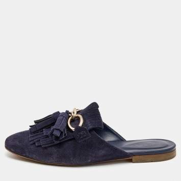 Pre Owned Tod's Navy Blue Suede Tassel Fringe Flat Mules Size 37