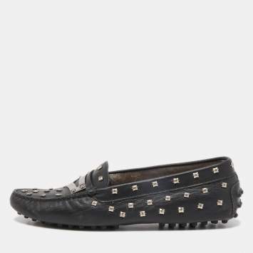 Pre Owned Tod's Black Leather Crystal Embellished Penny Loafers Size 37