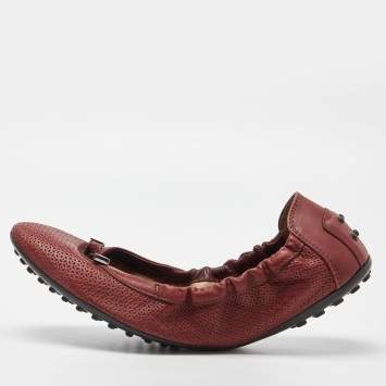 Pre Owned Tod's Burgundy Leather Bow Scrunch Ballet Flats 41