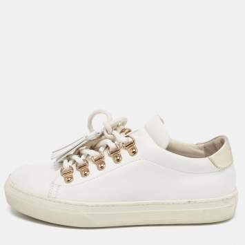 Pre Owned Tod's White Leather Tassel Lace Up Sneakers Size 34.5