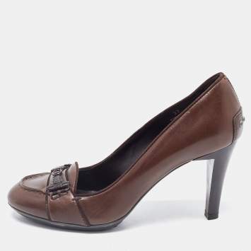 Pre Owned Tod's Dark Brown Leather Double T Loafer Pumps Size 37