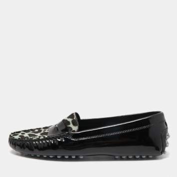 Pre Owned Tod's Black Patent Leather And Calf Hair Gommino Penny Loafers Size 39