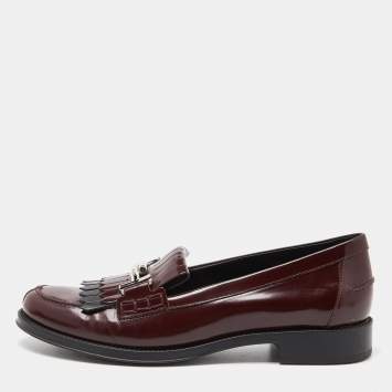 Pre Owned Tod's Burgundy Leather Gommino Fringe Double T Loafers Size 40