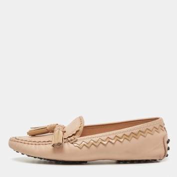 Pre Owned Tod's Beige Leather Tassel Detail Slip On Loafers Size 38.5