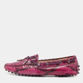 Pre Owned Tod's Pink Python Leather Bow Slip On Loafers Size 39