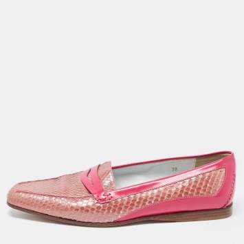 Pre Owned Tod's Two Tone Patent and Snakeskin Penny Loafers Size 38