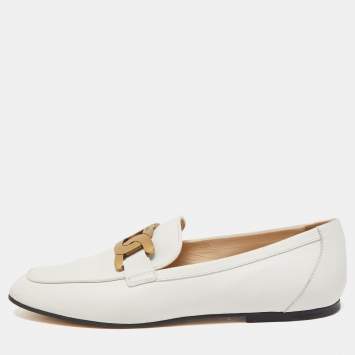 Pre Owned Tod's Off White Leather Kate Chain Slip On Loafers Size 39.5
