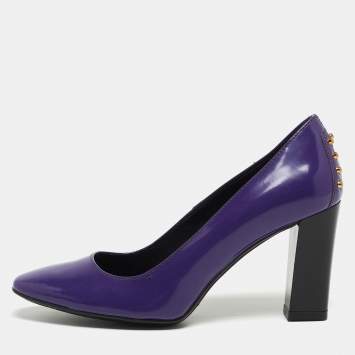 Pre Owned Tod's Purple Patent Leather Studded Block Heel Pumps Size 36.5