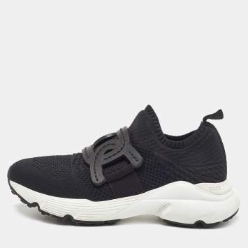 Pre Owned Tod's Black Knit Fabric Chain Detail Slip On Sneakers Size 35