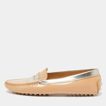 Pre Owned Tod's Beige/Gold Patent Leather Penny Slip On Loafers Size 38.5