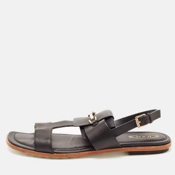 Pre Owned Tod's Black Leather Double Strap Horsebit Sandals Size 40