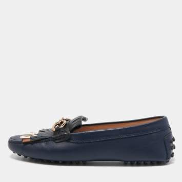 Pre Owned Tod's Blue Leather Fringe Detail Slip On Loafers Size 36