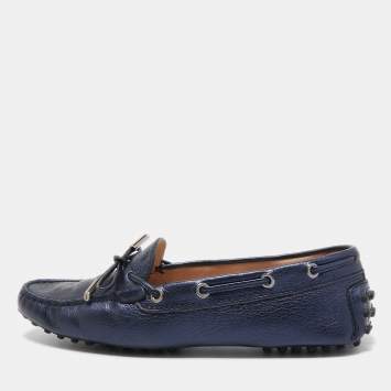 Pre Owned Tod's Blue Leather Gommino Bow Slip On Loafers Size 36.5