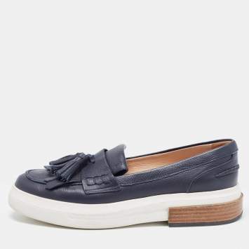 Pre Owned Tod's Navy Blue Leather Fringe Tassel Loafers Size 39.5