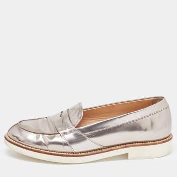 Pre Owned Tod's Metallic Silver Leather Penny Loafers Size 37 