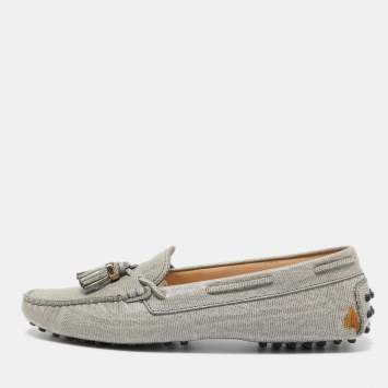 Pre Owned Tod's Grey Lizard Embossed Bow Slip On Loafers Size 39
