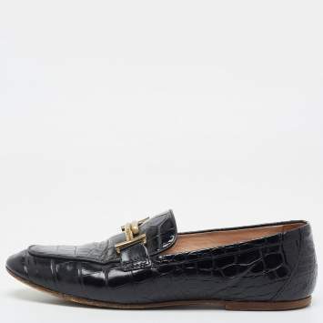 Pre Owned Tod's Black Croc Embossed Leather Gommino Double T Buckle Driver Loafers Size 37