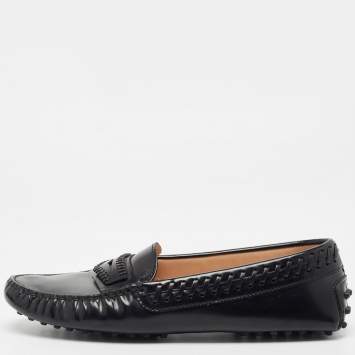 Pre Owned Tod's Black Leather Whip Stitch Detail Penny Loafers Size 38.5