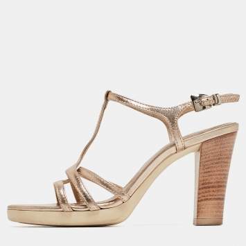 Pre Owned Tod's Gold Leather T-Bar Ankle Strap Sandals Size 37