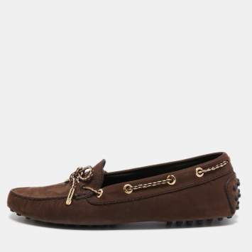 Pre Owned Tod's Brown Nubuck Leather Bow Slip On Loafers Size 38