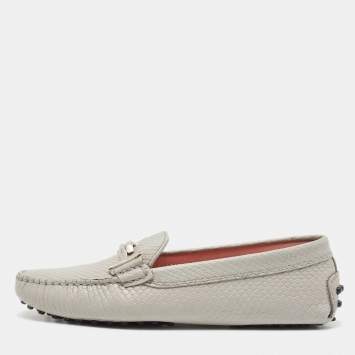 Pre Owned Tod's Grey Lizard Embossed Leather Loafers Size 35.5