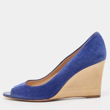 Pre Owned Tod's Blue Suede Wedge Peep Toe Pumps Size 40