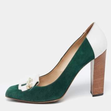 Pre Owned Tod's Green/White Leather and Suede Loafer Pumps Size 40